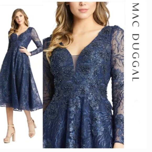 MAC DUGGAL 20286 EMBELLISHED PLUNGE NECK ILLUSIONS LONG SLEEVE MIDI DRESS sz 10 - Picture 2 of 8